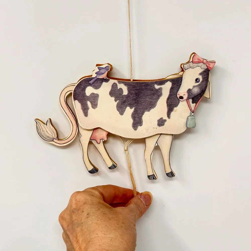 Vintage Country Cow Decor Lot Wooden Jumping Jack Bowed Metal Farmyard Figurines